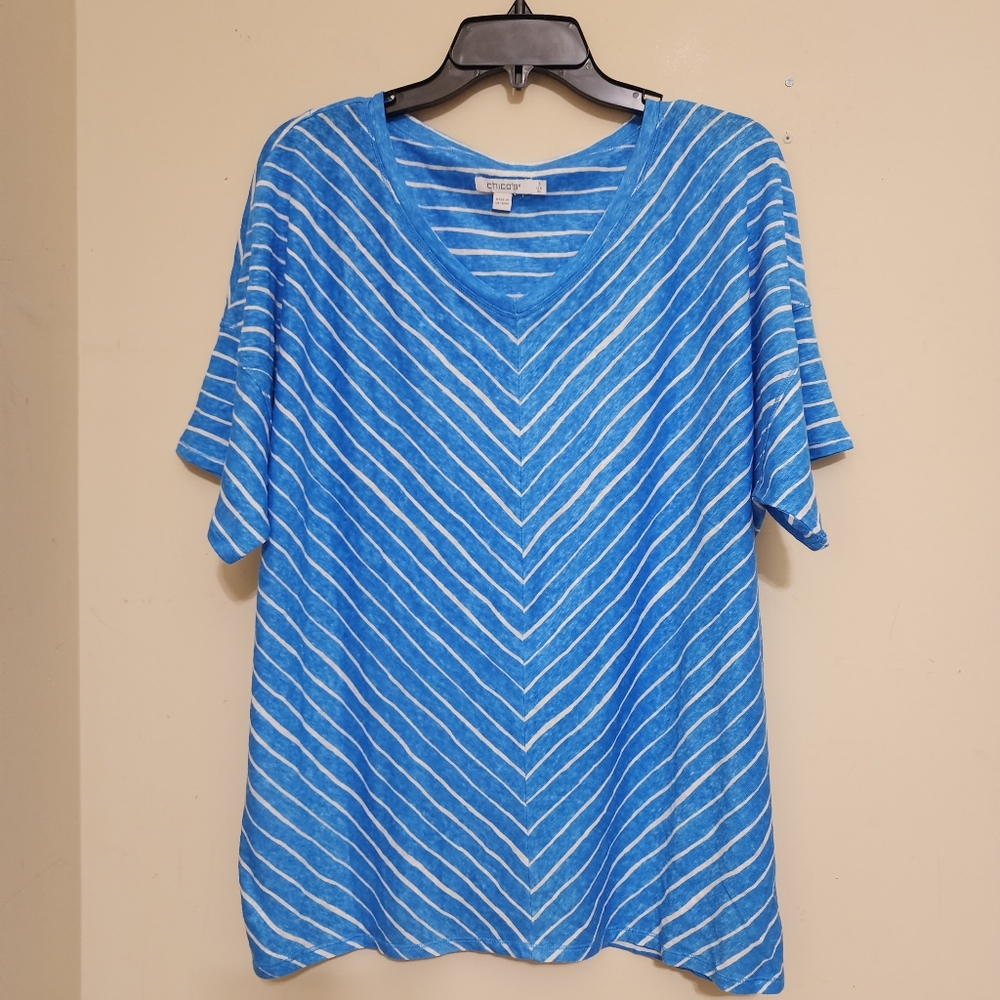 CHICO'S Linen‎ Mitered Stripe Easy Tee sz XL Poolside Blue